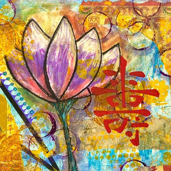 Longevity - Original Asian Fusion Wall Art Mixed Media Painting 9"x12" - Picture 3 of 8